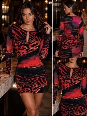 SentimentalNY by Sam Hourani Red Black Animal Print Bodycon Mini Dress Small